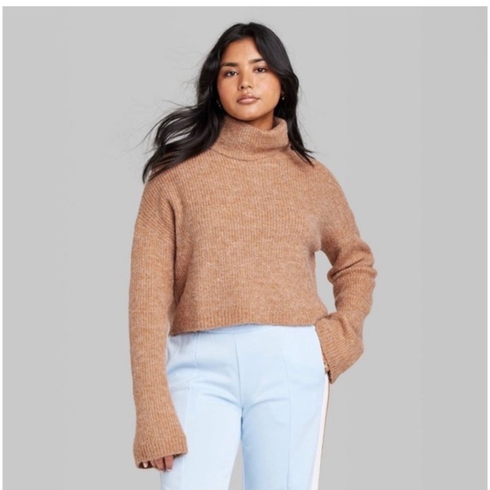 Wild Fable Brown Ribbed Turtleneck Cropped Sweater Long